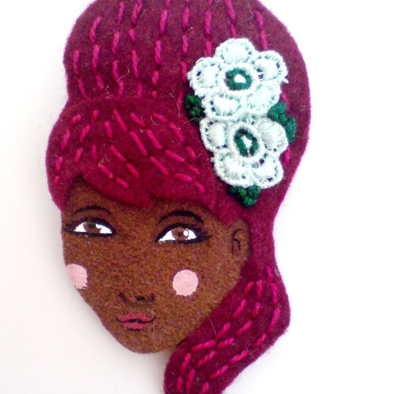 Embroidered felt brooch - Brieana, 1960a inspired, b52, burgundy, mint, woman face