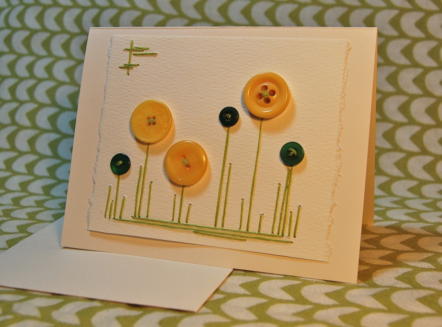 olive and yellow, hand stitched, spring button note card