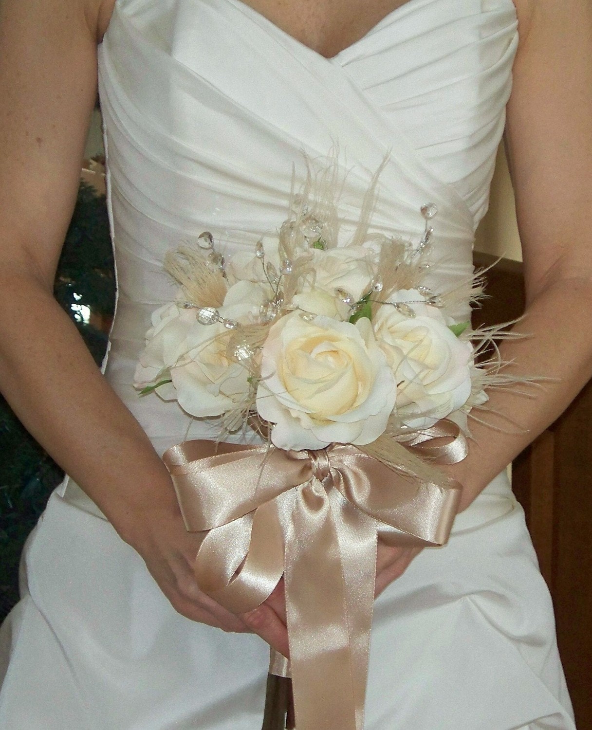 Colors in bouquets! : wedding wedding colors bouquets Il 570xN.221050127 Ivory Bridal Bouquet with Roses, Champagne Peacock Feather Wisps, Sparkling Crystal Accents and FREE Boutonniere - The MANDY
