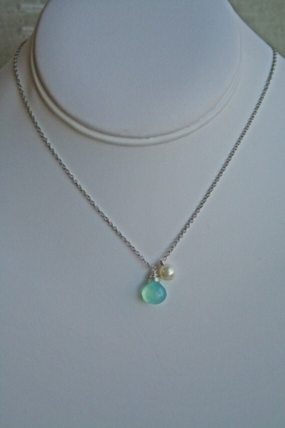 Aqua Blue Chalcedony Silver Necklace with Swarovski Pearl Wedding Gift
