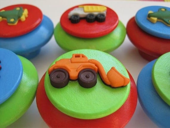 Wooden drawer knobs with vehicles for boys CUSTOM Colors set of 6