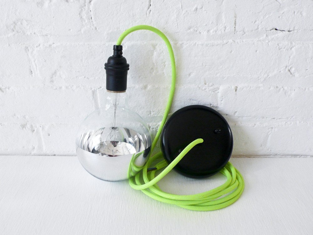 Neon Green/Yellow Pendant Light Cord w/ Giant Silver Globe Bulb