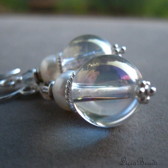Ice and Cream - Quartz, freshwater pearl and sterling silver earrings