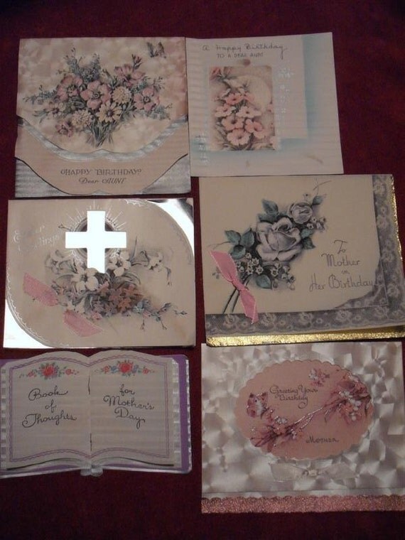 Group Of Six Beautiful Antique Silk Fabric Paper And Metallic Foil Cards