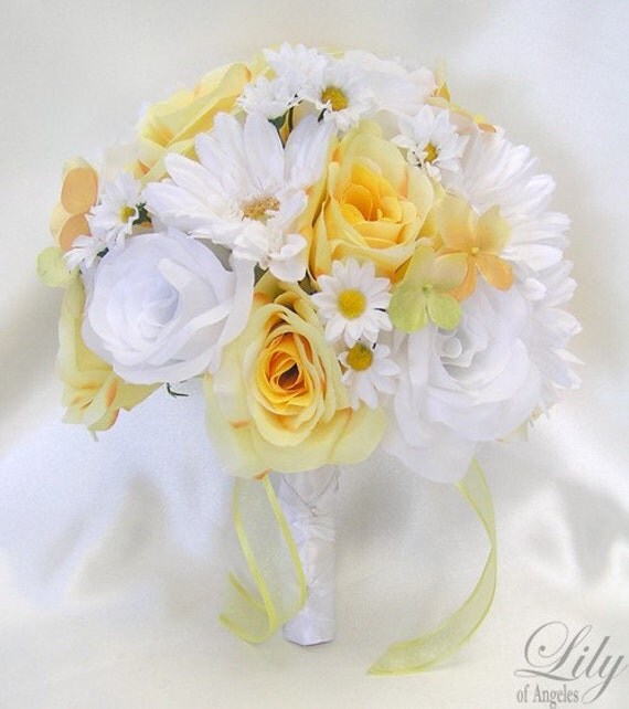 17 Pieces Package Silk Flower Wedding Decoration Bridal Bouquet YELLOW WHITE