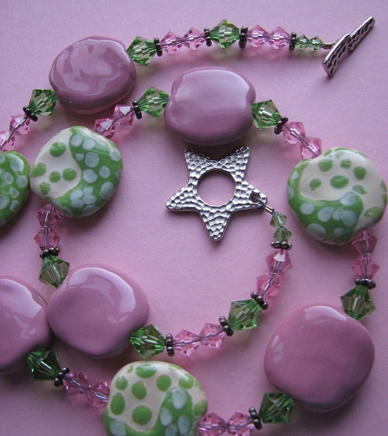 Pink and Green Kazuri and Swarovski Crystal Beaded Necklace - A great spring necklace for yourself or a gift