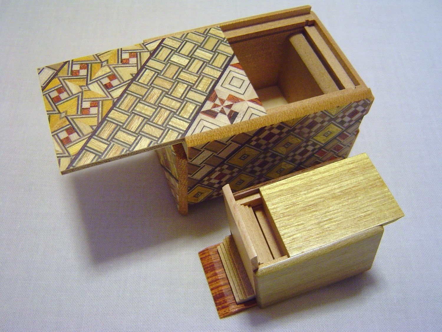 Japanese Puzzle box (Himitsu bako)- The Nested box-3.0inch 5steps and 1.7inch 22steps Natural Wood