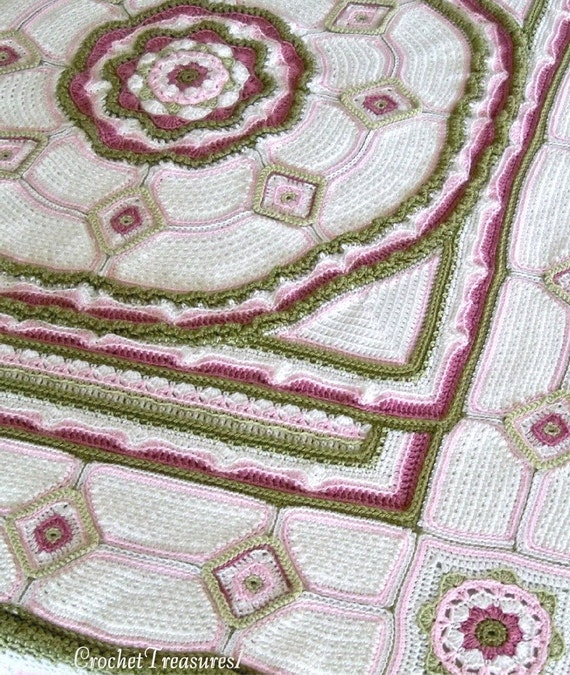 Amongst the Roses Bedspread or Throw / Queen - Full - Twin / new / handmade / afghan / rose / pink / green / floral / white / unique