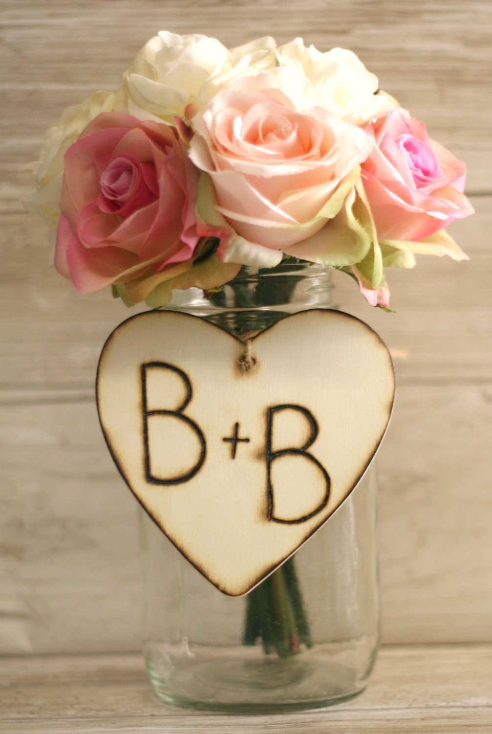 SET OF 12 Wedding Centerpiece Wood Heart Charms Engraved Personalized With