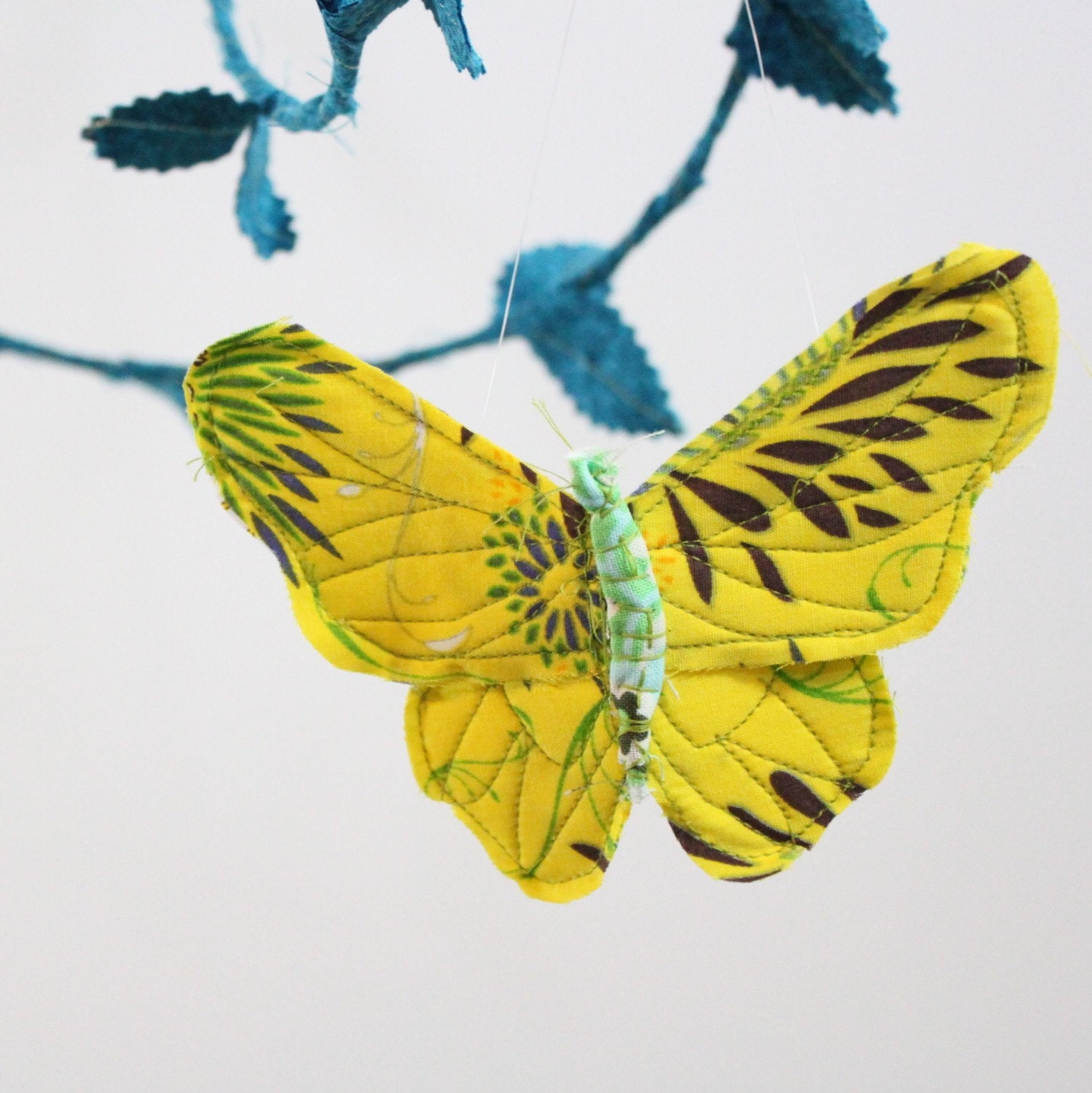 Butterfly Mobile - handmade fabric mobile in peach, bright yellow, teal, turquoise, mint green, tiffany blue, and white