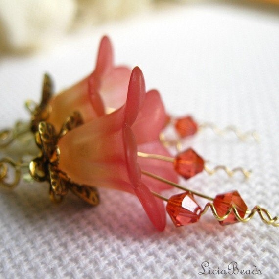 Strawberries and Champagne - Flower, Swarovski crystal and gold earrings