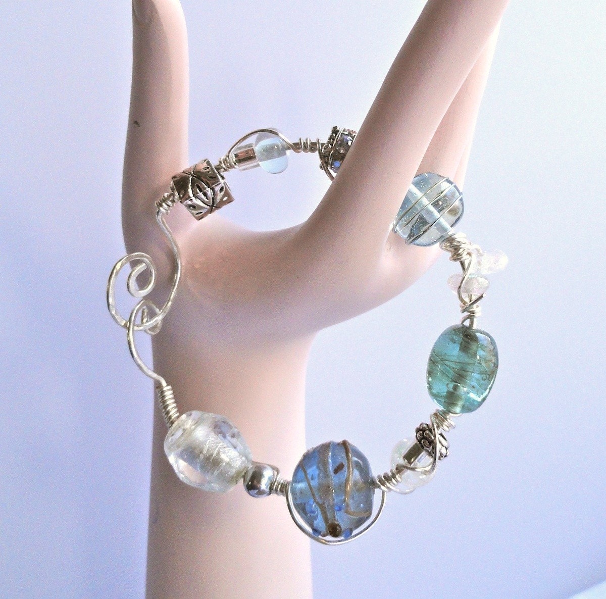 Water Colors Blue, Green and Teal Wire Wrapped Lampwork Bead Bracelet