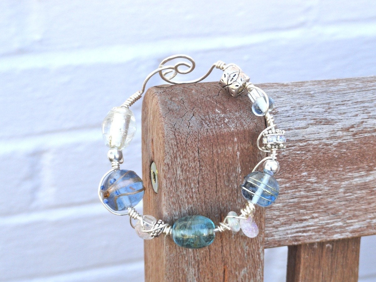 Water Colors Blue, Green and Teal Wire Wrapped Lampwork Bead Bracelet