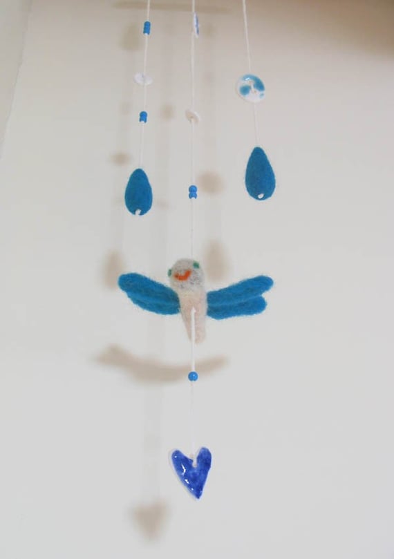 Mobile  Dragonfly Felted Rain Drops with Porcelain Pieces