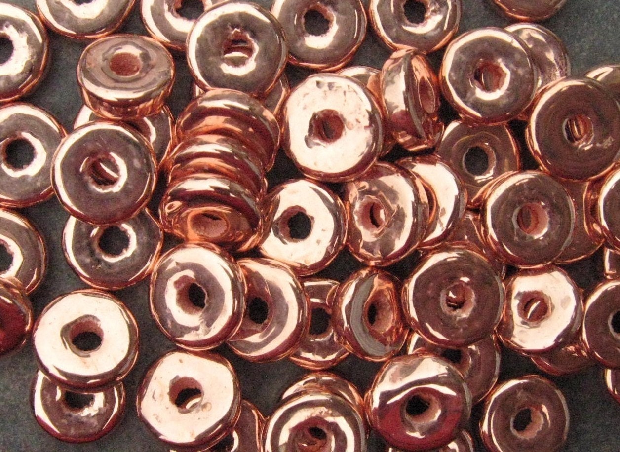 10 Mykonos Greek Ceramic Beads - COPPER 8mm Round Washer - Disk  Beads