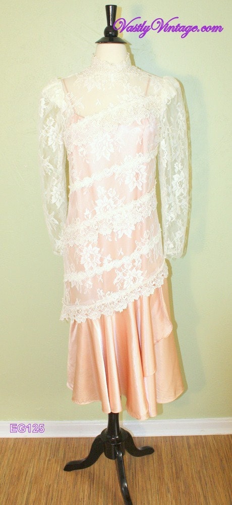 Vintage Shabby Chic Lace DressAntique Lace Peach Pink Satin Slip Dress with 