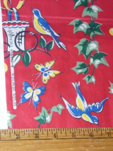 4yd Blue Birds on Red Novelty Vintage 40s 50s EverGlaze Cotton Chintz Fabric 36W