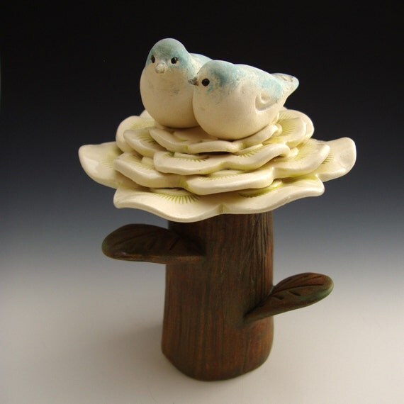 Wedding Cake Topper Ceramic Hand Sculpted Birds on Flower