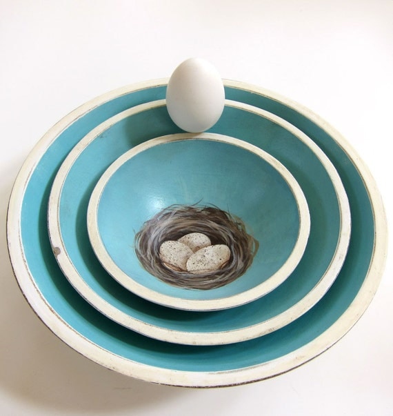 French Country Hand Painted Nesting Bowls Turquoise Blue with Nest and Eggs