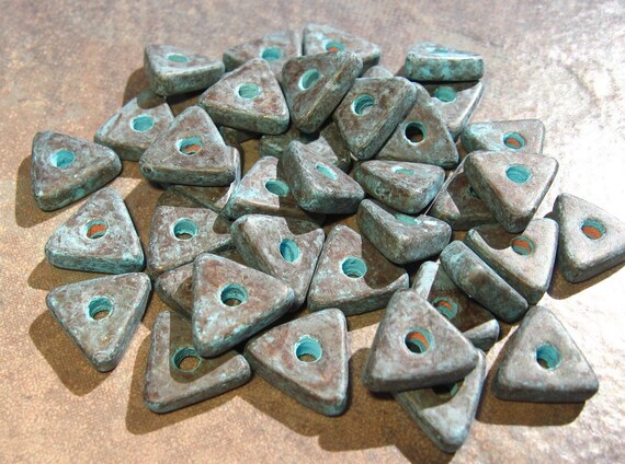 10 GREEN PATINA Mykonos Greek Ceramic Beads - Triangle Washer Beads - 10mm