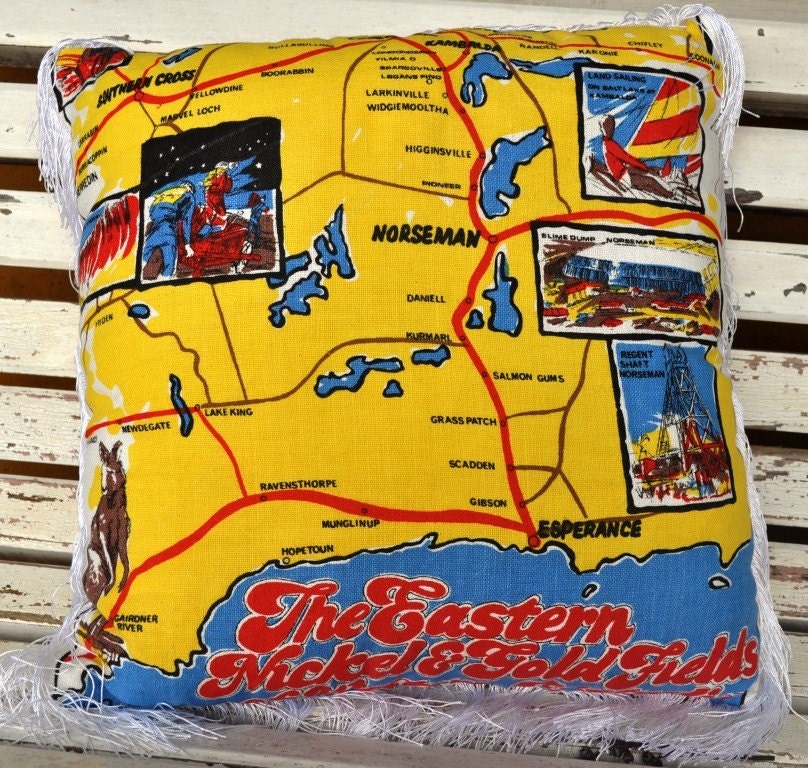 Throw pillow Vintage Linen OOAK Tea Towel Repurposed  Western Australia  Map of Goldfields Cushion Pillow