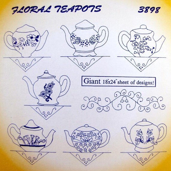 Aunt Martha's Hot Iron Transfers Floral Teapots 3898