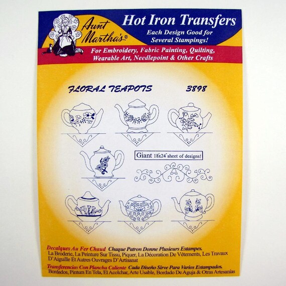 Aunt Martha's Hot Iron Transfers Floral Teapots 3898