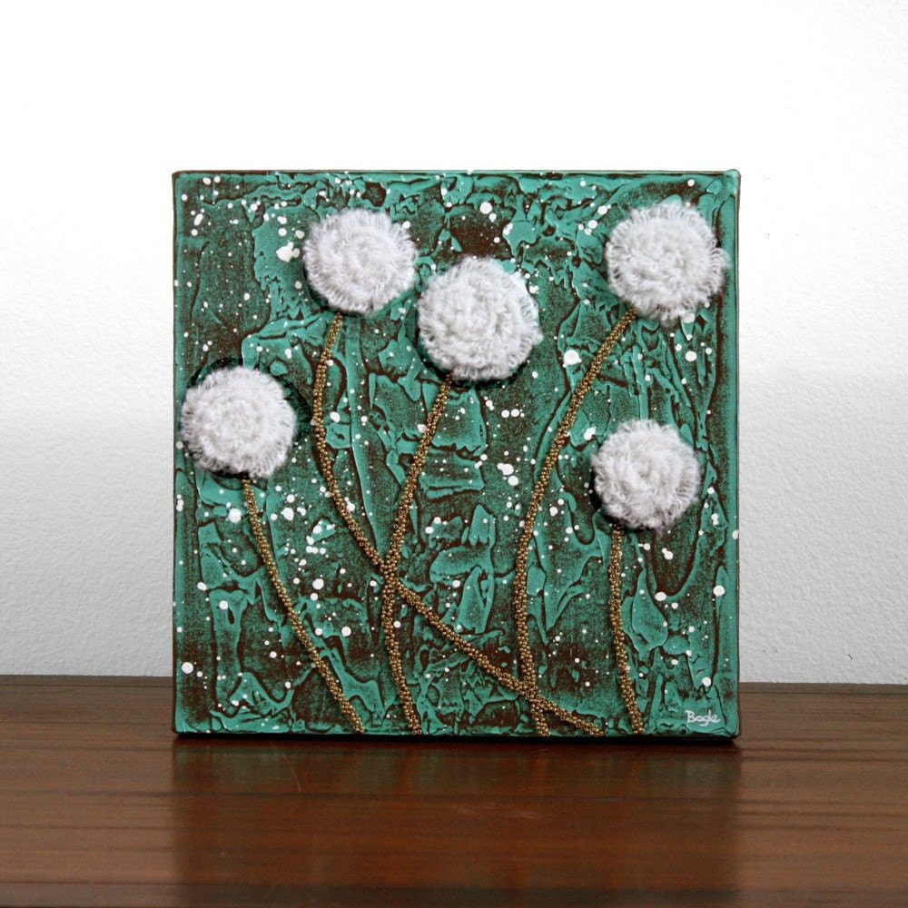 Сельский картина Цветок - текстурированные Акрил, Холст Art - МАЛАЯ 10X10 - зеленый, коричневый, белый декор