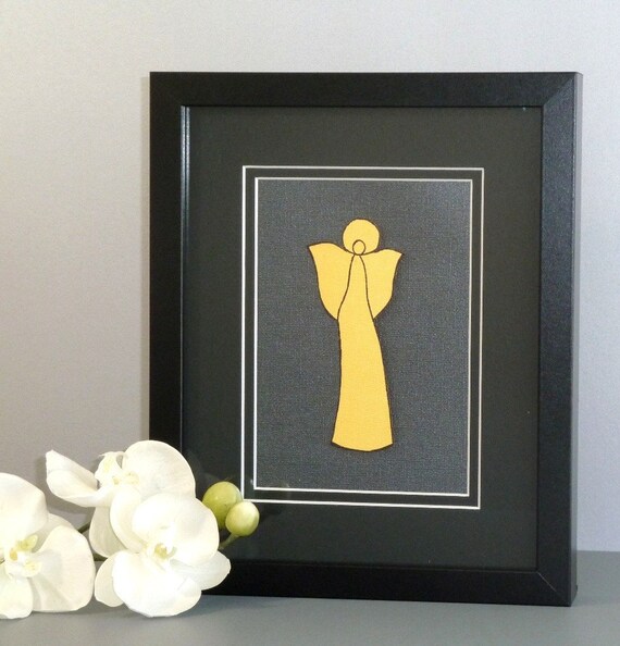 Framed Angel Art, Mixed Media Collage, Gold Black Paper, Matted