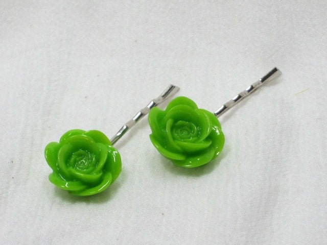 Vintage Inspired Lucite Flower Bobby Pin - 2 Piece Green
