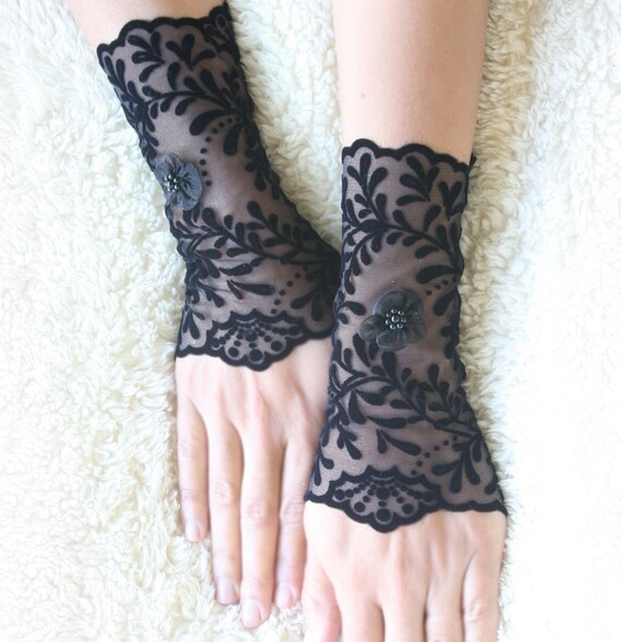 Black gloves velvet tulle cuffs mittens lace gloves midnight ballet