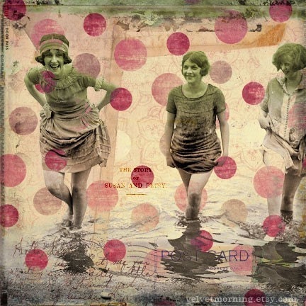 Tiny Spark - Pink Polkadots Dots Flapper Friends Friendship Sepia Mixed Media Collage Art Print
