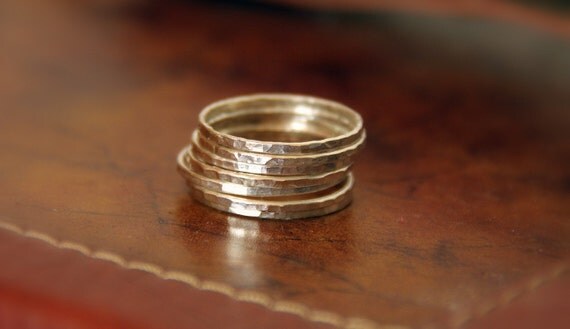Set of 7 Sterling Silver Stackable Rings, Shiny Textured Bands, Sizes 4, 5, 6, 7, 8, 9, 10, 11 half and quarter sizes