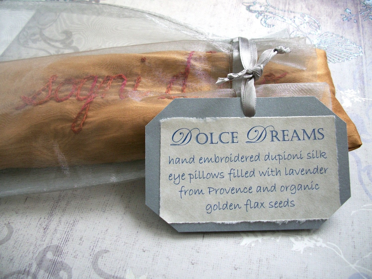 Lavender and Flaxseed Hand Embroidered Eye Pillow by Dolce Dreams
