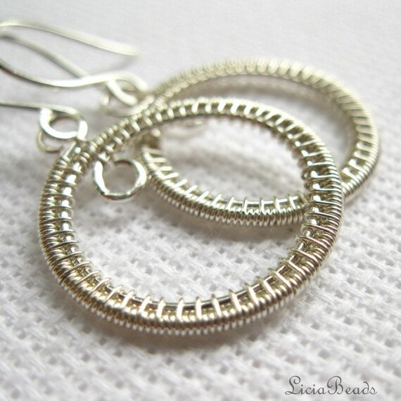 Circle in Time - wire wrapped sterling silver circle dangle earrings