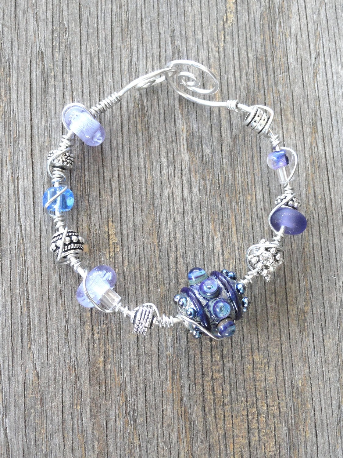 Royal Purple Lavender and Lilac Lampworkl Bead Wire Wrapped Silver Bracelet