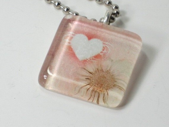 Glass Tile Pendant Necklace - Romantic Flower and Heart