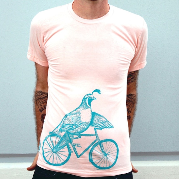 Quail Family on Bicycles - Peach and Aqua American Apparel T-Shirt - Available in XS, S, M, L, XL and XXL