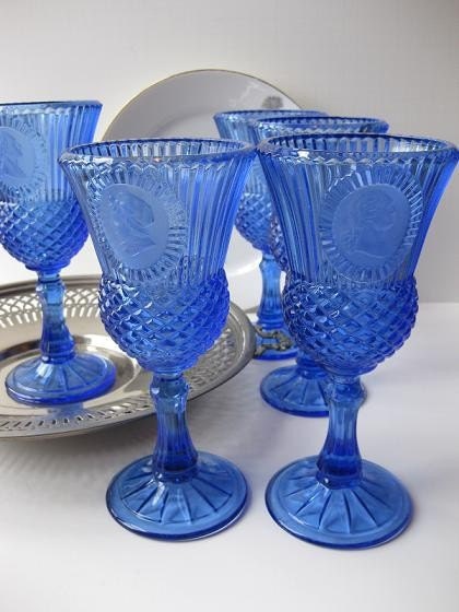 Vintage Fostoria Avon Martha and George Washington Brilliant Blue Goblets Set of Five