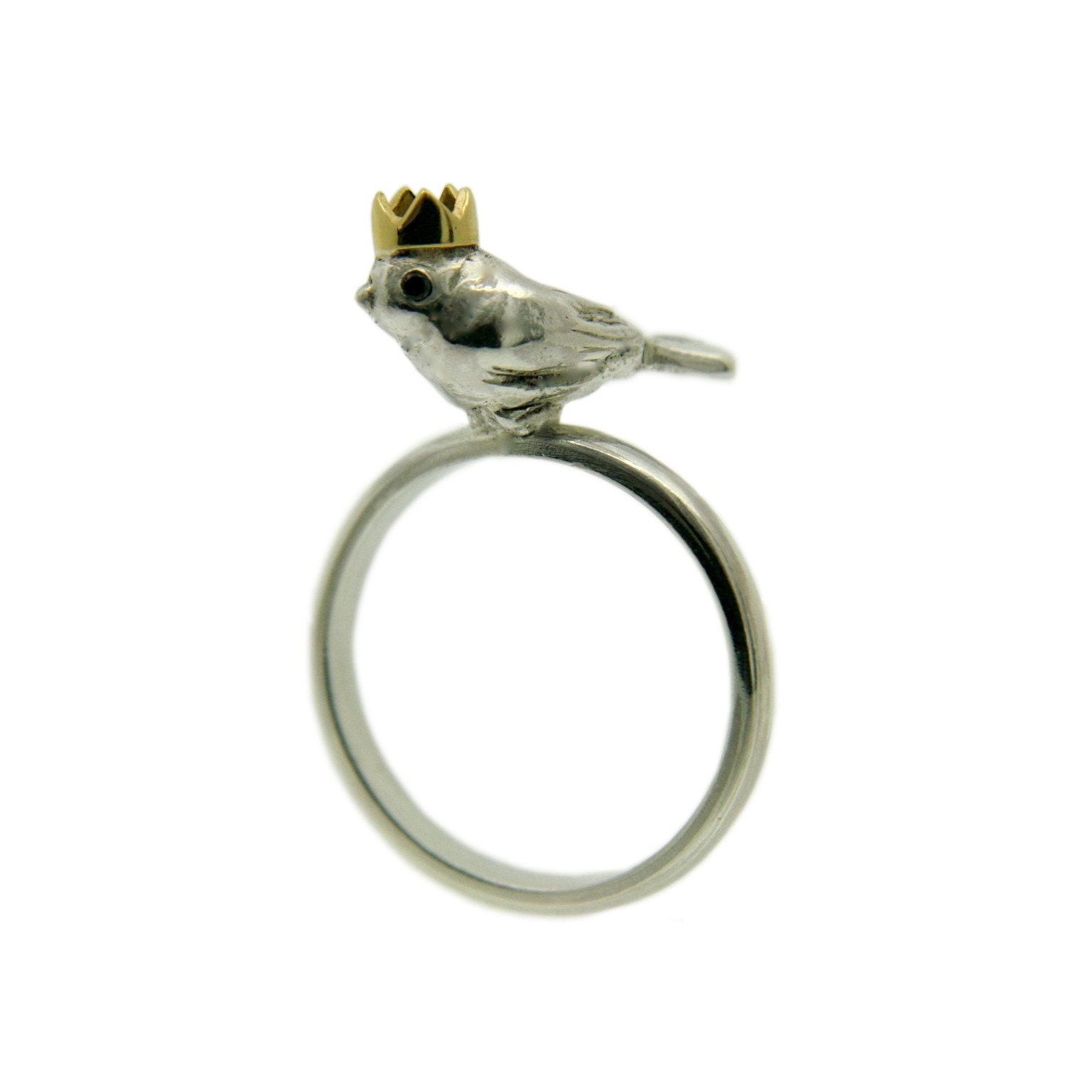 Bird King Ring. Silver with Black Diamond eyes and an 18ct Yellow Gold Crown.