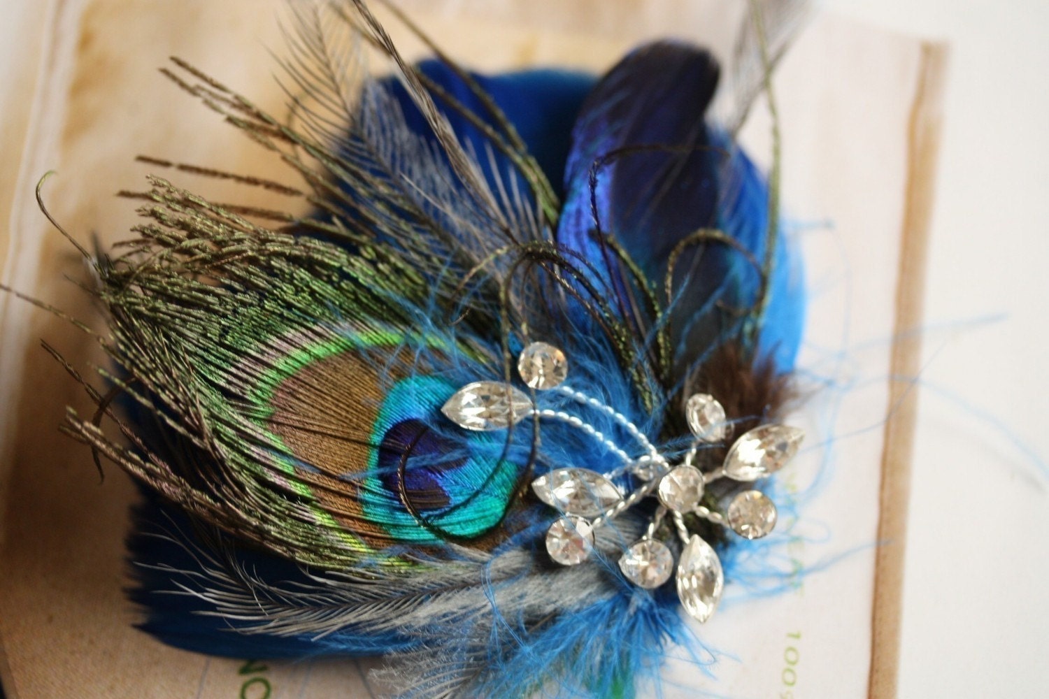 GIA Whimsical Peacock Blue handmade feather hair accessories Unique 