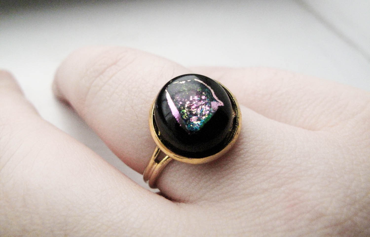 Dichroic Glass Black Glass Gold Ring - Adjustable - Nebula