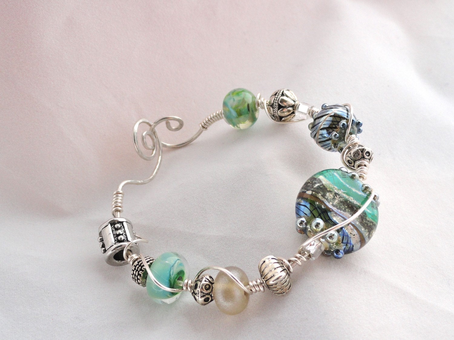 Fresh Green Blue and White Artisan Lampwork  Bead Bracelet