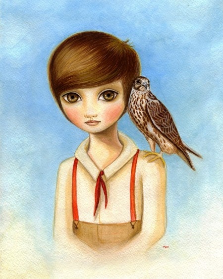 Boy and falcon - The Falconer on somerset velvet - woodland art by Marisol Spoon