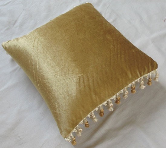 golden tan  velvet cushion cover with tassel detailing 16X16 inch throw pillow cover