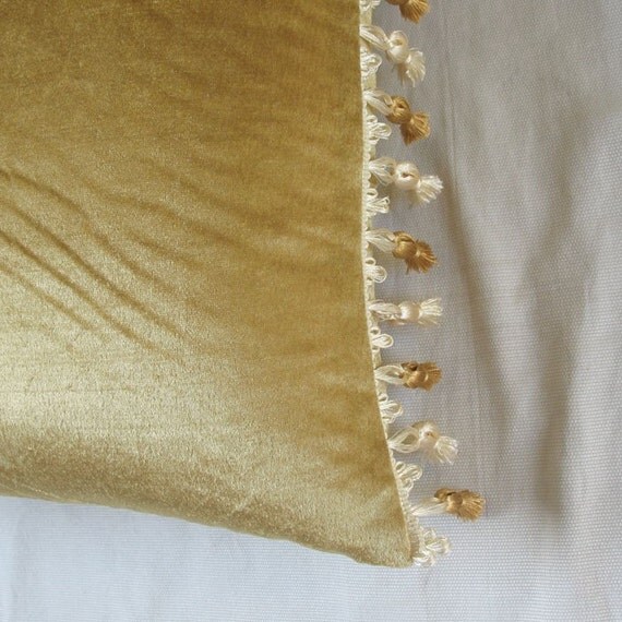 golden tan  velvet cushion cover with tassel detailing 16X16 inch throw pillow cover
