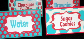 Red and Aqua Fancy Labels Buffet Cards Table Cards