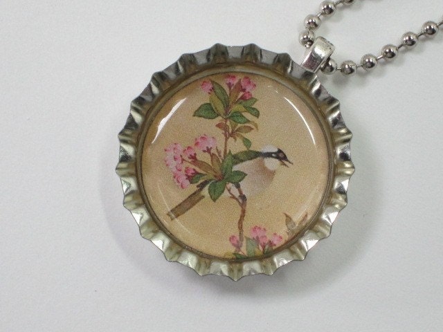 Bottlecap Necklace - Asian Style Bird and Blossom