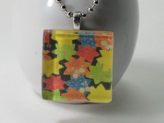 Glass Tile Pendant Necklace - Bright Collage Pattern