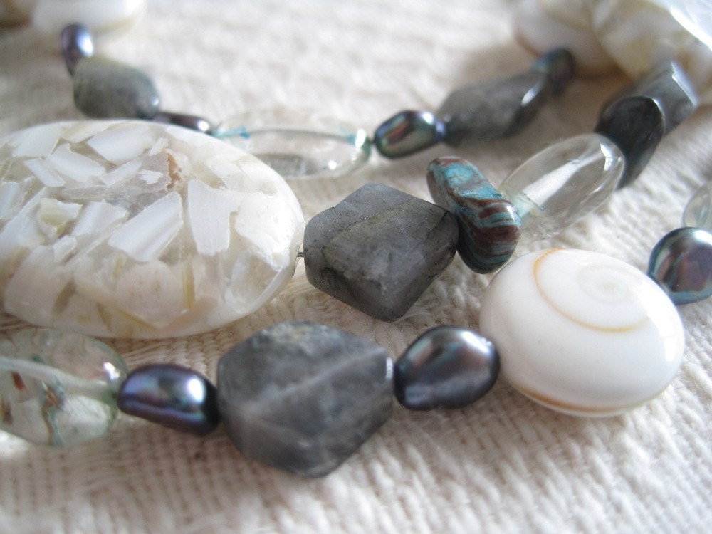 Labradorite Mother of Pearl Shell Triple Strand Necklace